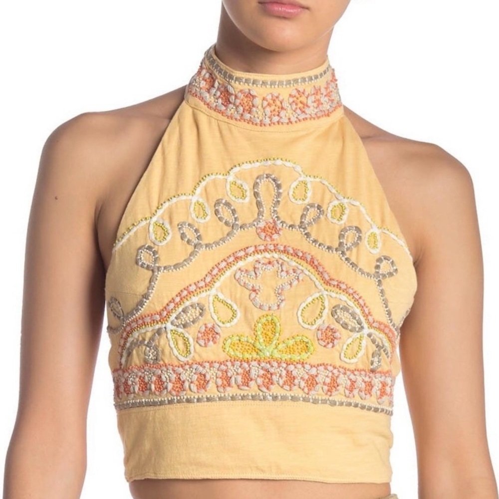 NWT Free People Goa Embroidered Crop Halter Top Nectar Large